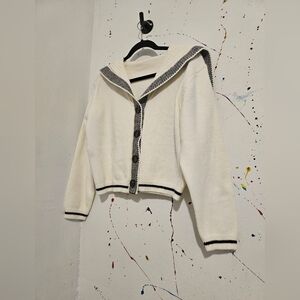 White Cropped Cardigan with Black Trim